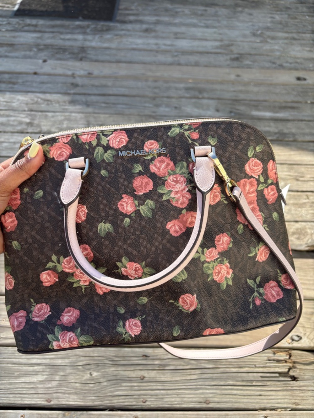 Michael Kors Brown Floral Dome Satchel with Pink Trim